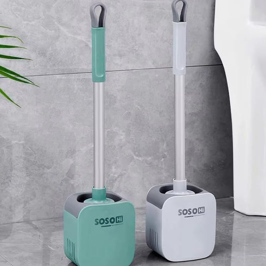 Toilet Brush, Silicone Toilet Bowl Brushes and Holder for Bathroom, Compact Flexible Toilet Cleaner Brush with Ventilated Drying Holder, Wall Mounted/Floor Standing Gray/Green–Long Non-Slip Handle