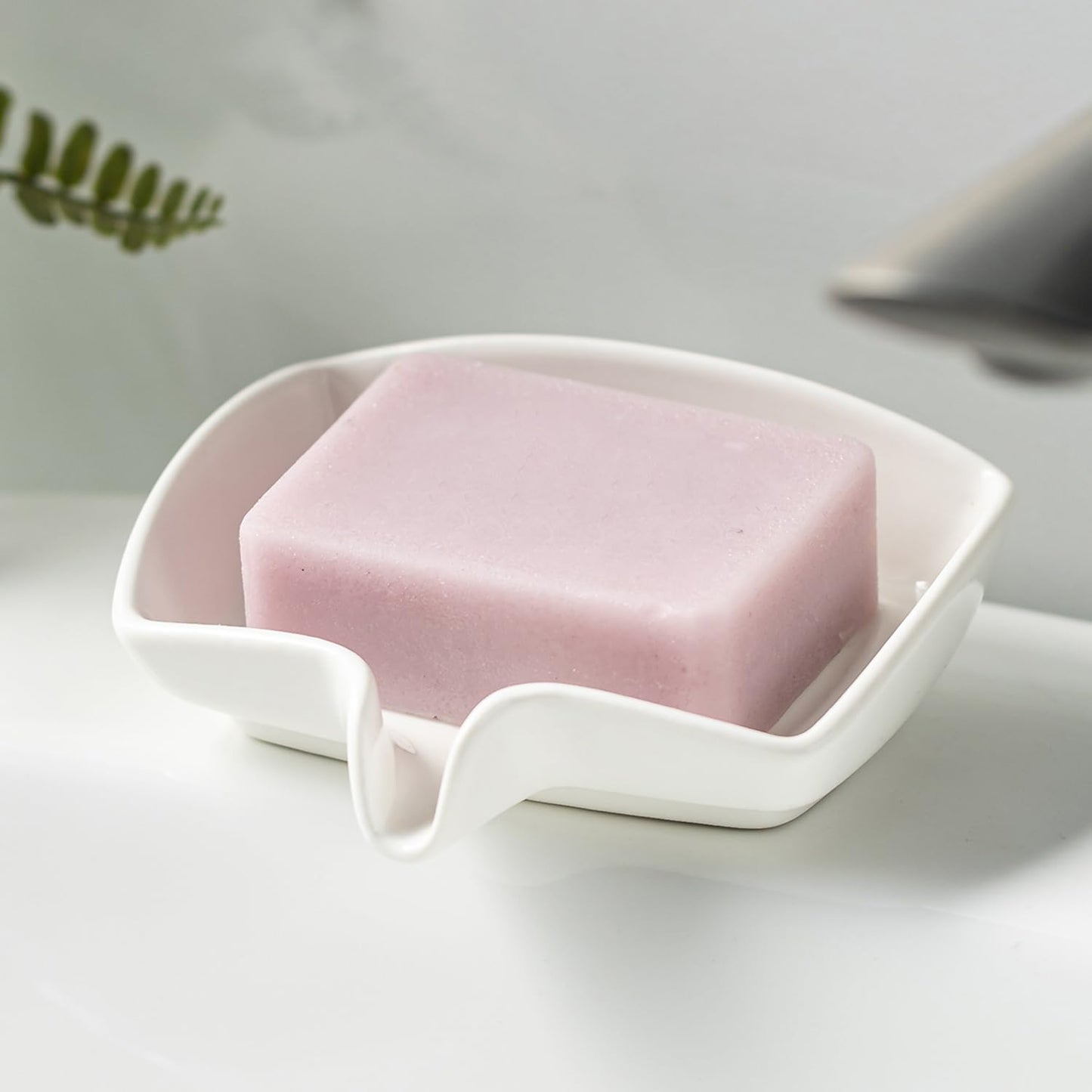 Self Draining Soap Dish, Ceramic Drain Soap Holder Waterfall Design Soap Saver for Shower, Bathroom, Sink, Kitchen and Countertop, Keeps Dry, Green