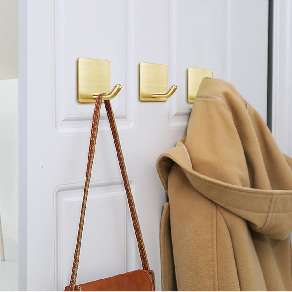FOTYRIG Heavy Duty Adhesive Towel Hooks Stick on Towel Hanger Wall Holder Waterproof Stainless Steel Sticky Hooks for Hanging Bathroom Kitchen Home-4 Packs