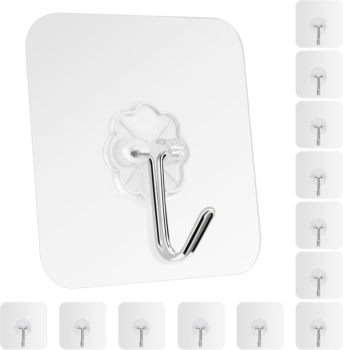 Large Adhesive Hooks for Hanging Heavy Duty 60Ib(Max) 8 Packs, Waterproof & Rustproof Wall Hangers Without Nails for Kitchen, Bathroom, Home, Office, Coat, Towel, Plant, Transparent