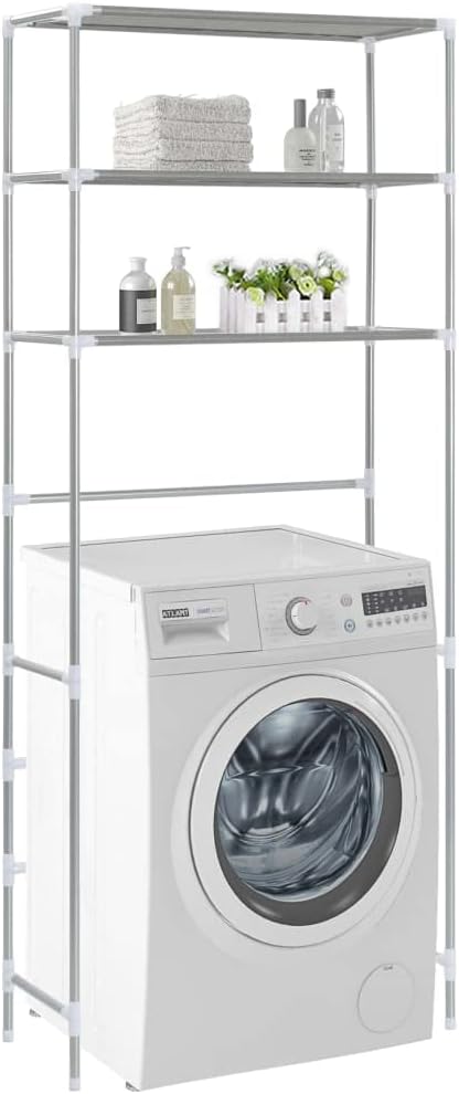 vidaXL Storage Shelf, 3-Tier Washing Machine Storage Rack, Above Washer Dryer Organizer Stand, Freestanding Bathroom Storage Rack, Silver