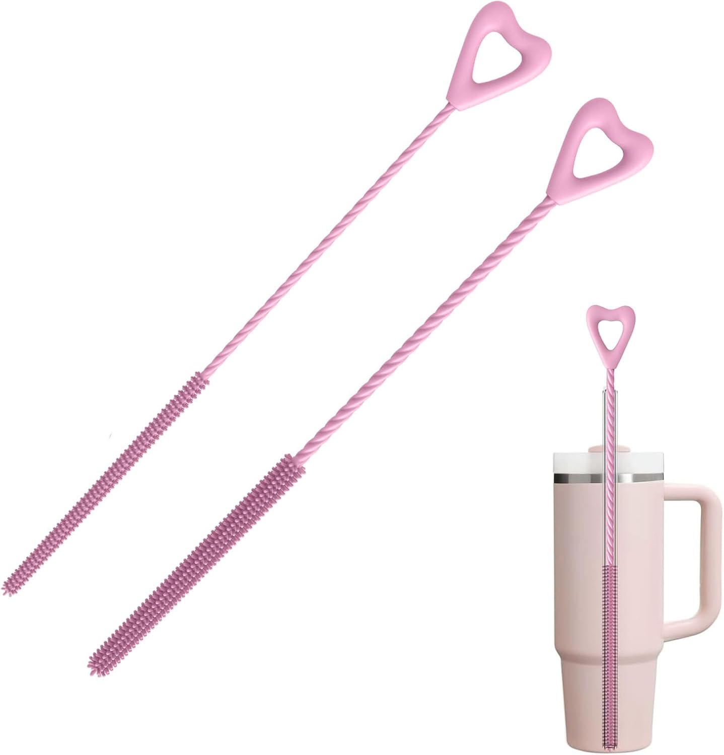 Silicone Straw Cleaner Brush, 2Pcs Reusable Cleaner Brush Extra Long, Straw Brush Bristles Cleaner for Cleaning Stanley Metal Glass Straws Drink Lid 0.24 Inch and 0.35 Inch