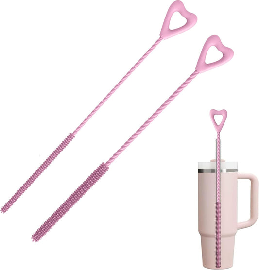 Silicone Straw Cleaner Brush, 2Pcs Reusable Cleaner Brush Extra Long, Straw Brush Bristles Cleaner for Cleaning Stanley Metal Glass Straws Drink Lid 0.24 Inch and 0.35 Inch