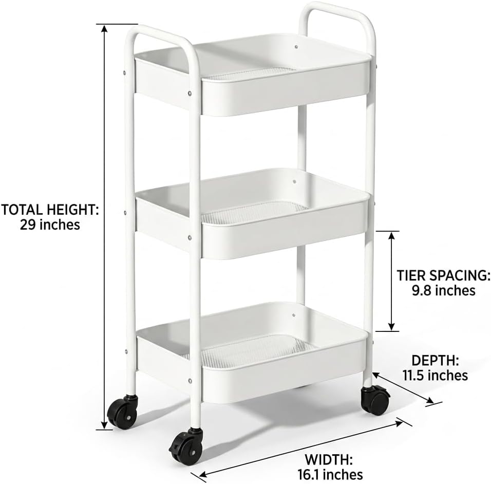 3-Tier Metal Rolling Cart with Smooth Casters, Lightweight Storage Utility Cart Mobile Organizer Rack, Multi-Purpose Basket Shelf for Kitchen, Bathroom, Closet, Pantry-Black