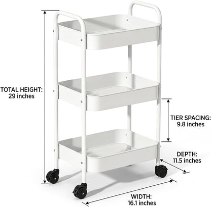 3-Tier Metal Rolling Cart with Smooth Casters, Lightweight Storage Utility Cart Mobile Organizer Rack, Multi-Purpose Basket Shelf for Kitchen, Bathroom, Closet, Pantry-Black