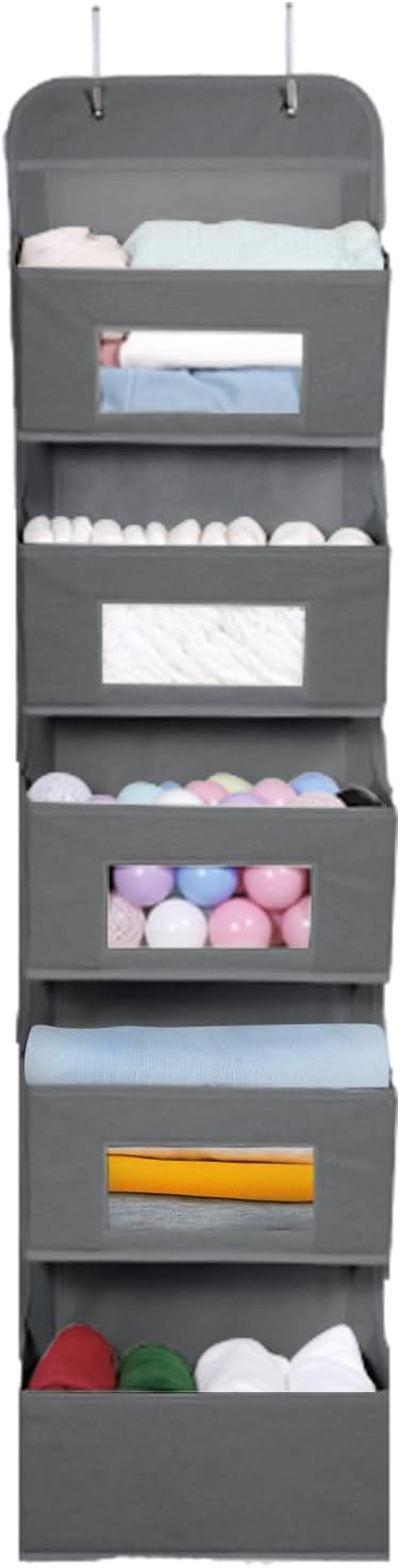 MAX Houser 4-Shelf Over The Door Hanging Organizer with 2 Metal Hooks, Gray | 4 Pocket Swing-proof Behind Door Organizers with Clear Windows for Bathroom Closet, Dorm