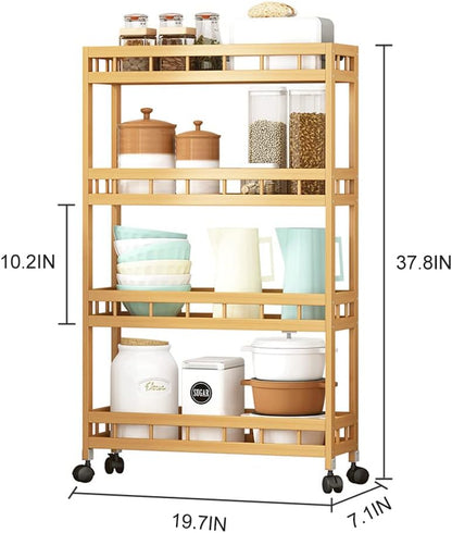 4-Tier Bamboo Kitchen Rolling Cart Removable Wood Trolley Island Cart, Utility Cart Multi-Layer Storage Shelf Rack on Wheels (19.7" L X 7.1" W X37.8 H)