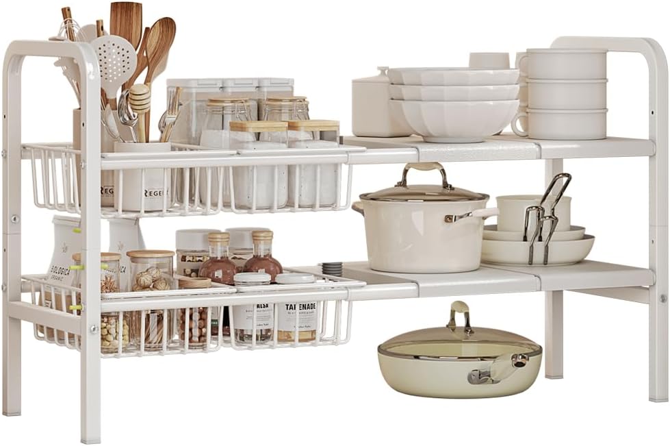 Under Sink Organizer and Storage 2 Tier Expandable Shelves Kitchen Cabinet Crganizers with 4 Baskets and 4 Panels for Bathroom Counter shelf Pantry
