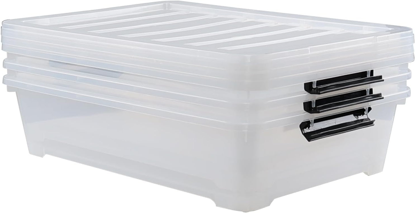 Gloreen 3 Pack Large Under Bed Storage Boxes with Wheels, 50 Quart Clear Plastic Lidded Storage Bins