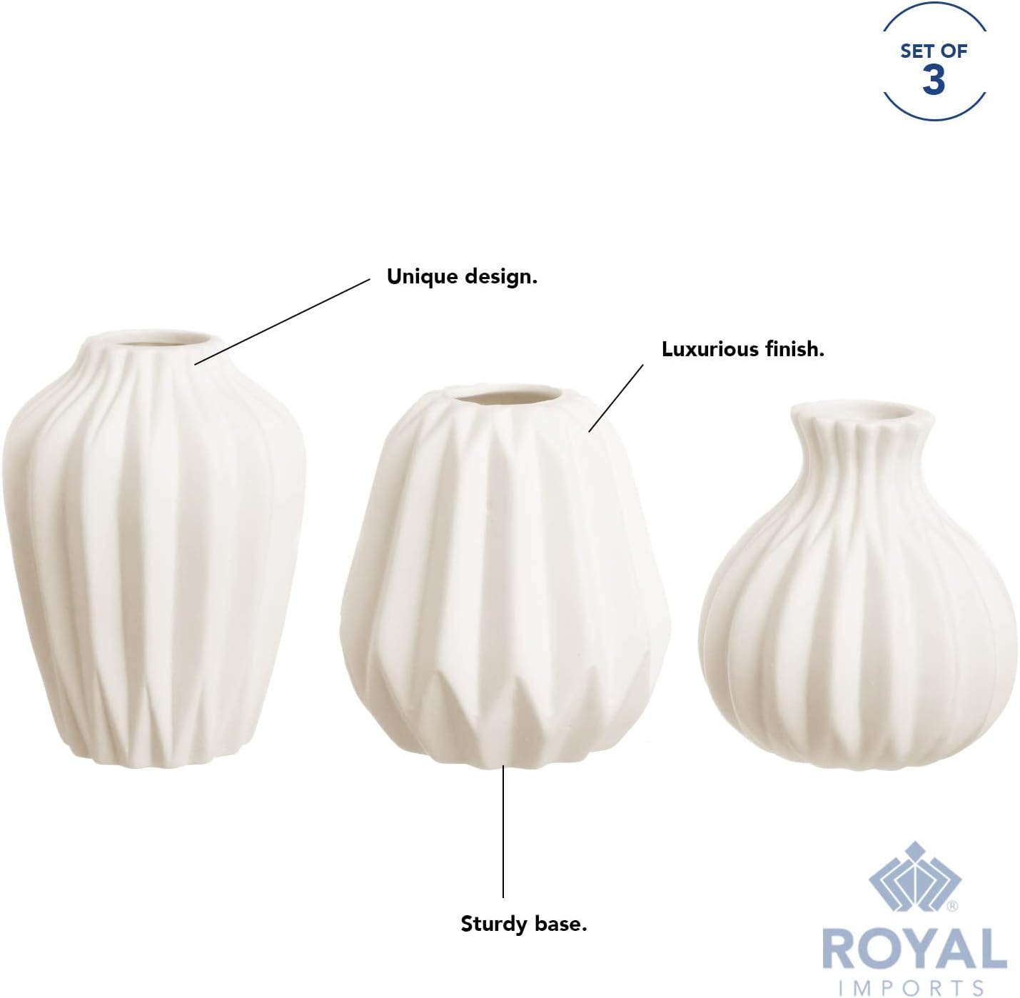 Royal Imports Ceramic Bud Vase, Small Single Stem Flower or Rose Centerpiece, Mini Decorative Floral Holder, Rustic Farmhouse Home Decor, Kitchen, Fireplace, Shelf - White - Set of 3