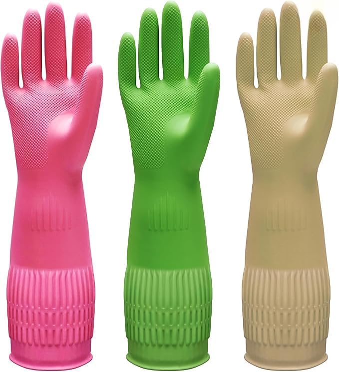 3 Pairs Dishwashing Gloves, 15" Cuff Reusable Cleaning Gloves for Kitchen, Bathroom & Household Chores - Thick Flexible Latex-Free Rubber, Non-Slip Grip (Red/Yellow/Green, Large)