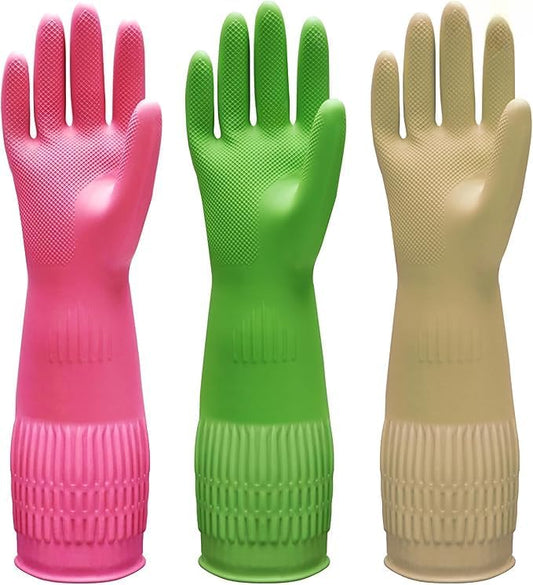 3 Pairs Dishwashing Gloves, 15" Cuff Reusable Cleaning Gloves for Kitchen, Bathroom & Household Chores - Thick Flexible Latex-Free Rubber, Non-Slip Grip (Red/Yellow/Green, Large)