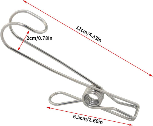 10PSC Kitchen Stainless Steel Clips with Hooks Large Size 4.33 x 0.63 inches Hanging Bathroom Clips for Drying Clothes and Hanging Towels