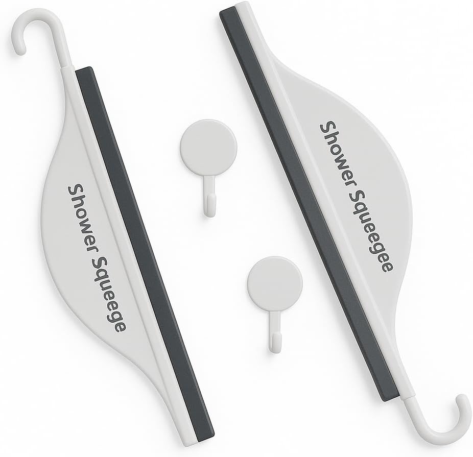 Mini Shower Squeegee for Glass Doors – Small Handy Bathroom, Countertop & Window Cleaner with Rubber Blade and Hook for Tile Walls, Mirrors, Kitchen Sink - Pack of 2