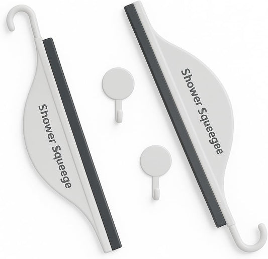 Mini Shower Squeegee for Glass Doors – Small Handy Bathroom, Countertop & Window Cleaner with Rubber Blade and Hook for Tile Walls, Mirrors, Kitchen Sink - Pack of 2