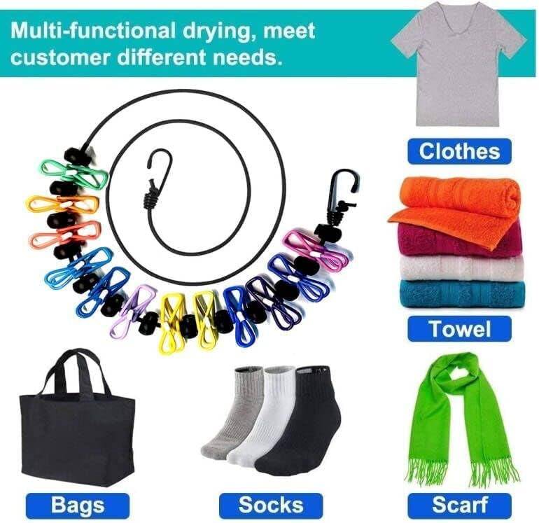 2 Pack Portable Clothesline with 12 Clothespins, Windproof Travel Stretchy Retractable Elastic Laundry Clothes Line for Backyard, Vacation Hotel, Balcony Drying