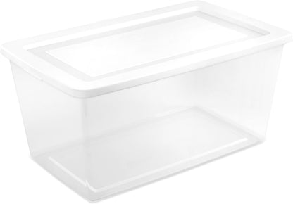 Sterilite 6 Pack Storage Box, 41 Quart Stackable Tote, Clear Plastic Container with Secure Snapping White Lids for Home and Office Organization