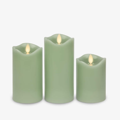 Matchless Candle Co. by Luminara Set of 3 Flameless LED Flickering Moving Flame Pillars (3" x 4.5", 5.5", 6.5"), Melted Unscented Real Wax Edge w/Smooth Finish, AA Battery Operated, Pearl Ivory