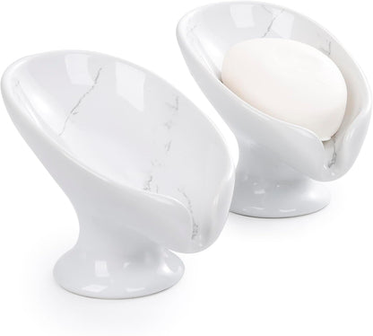 Small Soap Dish, Self Draining Bar Soap Holder for Bathroom Sink, Leaf Shaped Drainage Ceramic with Marble-Pattern Finish, Decorative Soap Dish, No Suction Cup, ANTIS'S HOME