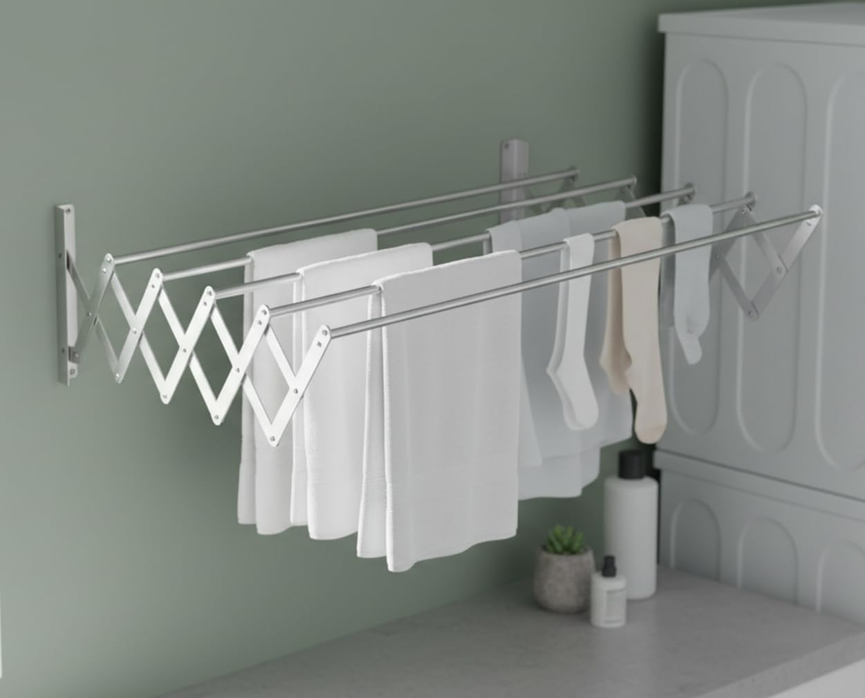Laundry Drying Rack Wall Mount - Towel Rack Collapsible, Retractable Drying Rack Easy Install Space Saving with 5 Drying Rods