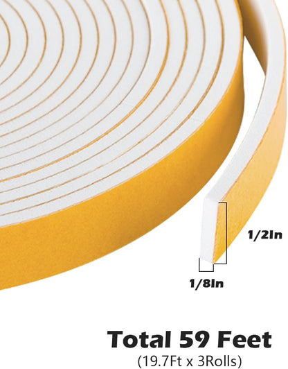 ToLanbbt White Door Window Weather Stripping Self Adhesive Foam Tape High Density Foam Sealing Strip Window Insulation Weatherproof Gasket Tape for Doors and Windows (1/2" W X 1/8" T X 16.5')
