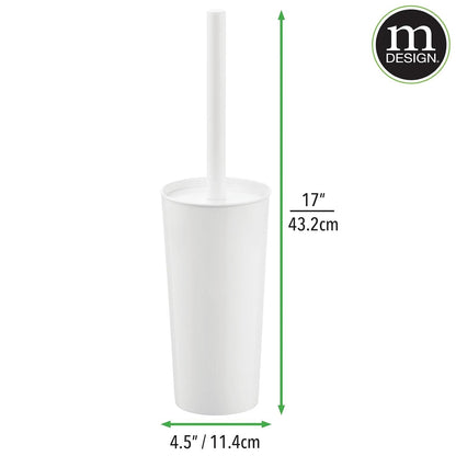 mDesign Metal Freestanding Slim Toilet Bowl Brush and Holder + Rectangle Narrow 5 Liter / 1.3 Gallon Step Pedal Trash Can Wastebasket for Bathroom - Small, Compact Design - Set of 2 - Brushed/Chrome
