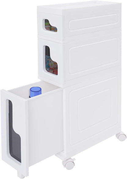 Narrow Bathroom Storage Cabinet with Drawers, 5.5" Slim Floor Standing Rolling Cart on Lockable Wheels, PP Unit with Toilet Paper Holder for Small Space, Kitchen, Laundry Room (3 Tier)