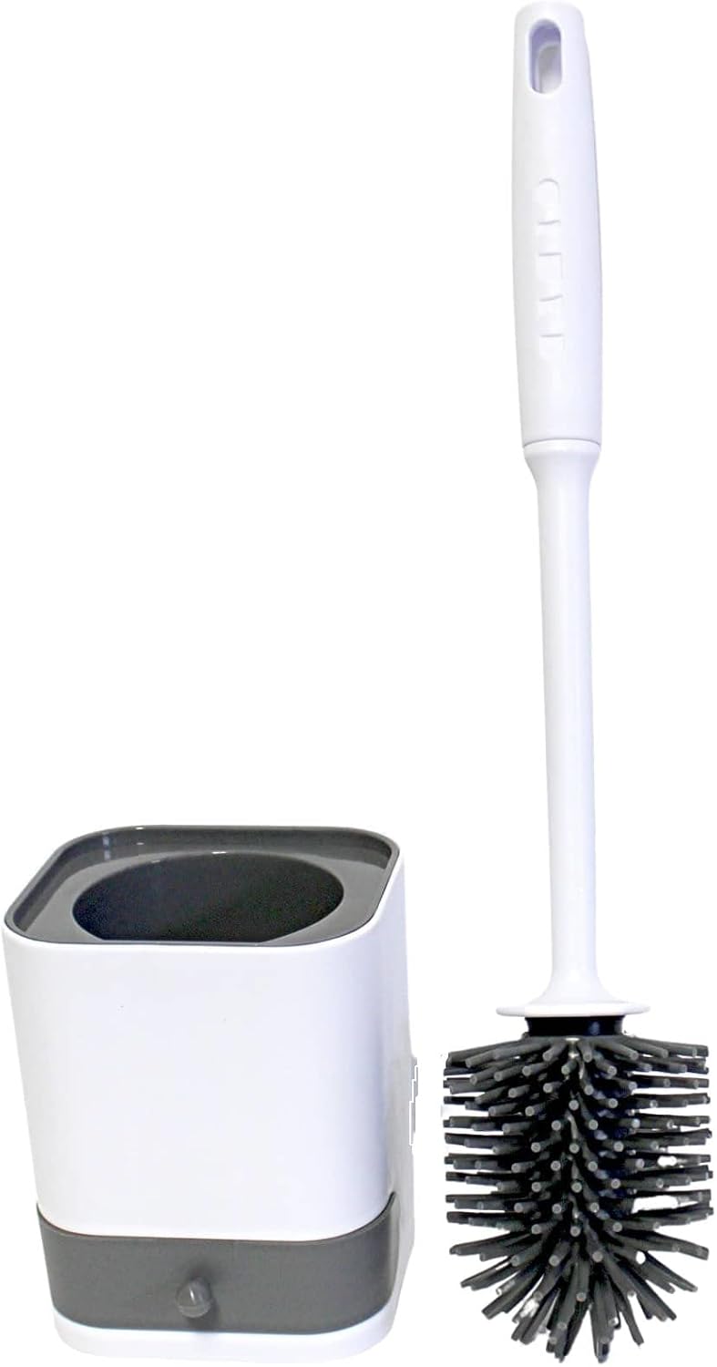 Silicone Toilet Brush with Holder – Wall-Mounted or Freestanding, No-Drill Adhesive Mount, Fast-Drying Ventilated Design with Drip Tray – Long Handle for Deep Cleaning, Compact for Small Bathrooms