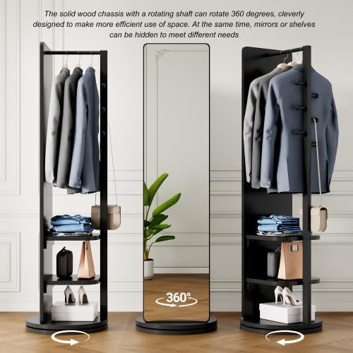 Full Length Mirror with Coat Rack & Storage, 360° Rotating Solid Wood Standing Floor Mirror with Shelves for Bedroom, Entryway, Dressing Room (Natural Wood, 66" x 18")