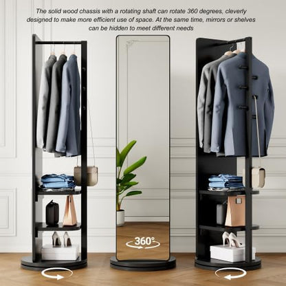 Full Length Mirror with Coat Rack & Storage, 360° Rotating Solid Wood Standing Floor Mirror with Shelves for Bedroom, Entryway, Dressing Room (Natural Wood, 66" x 18")