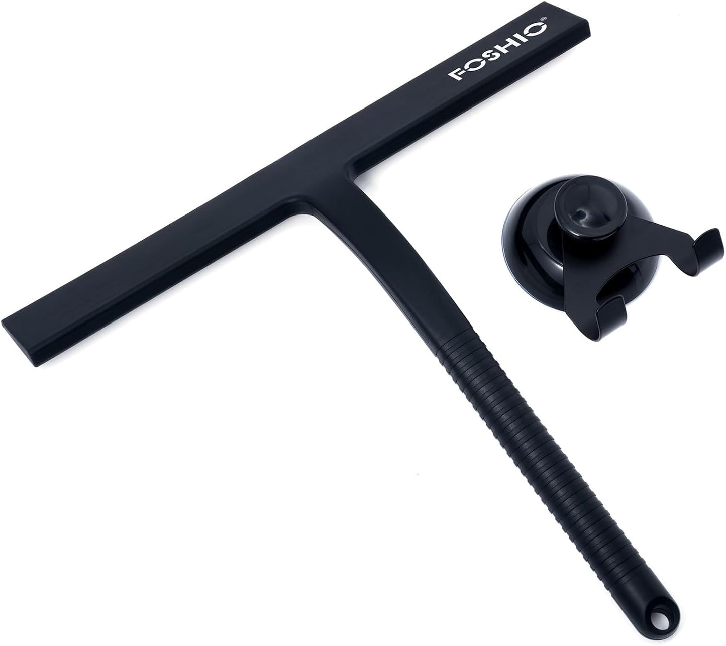 FOSHIO Shower Squeegee for Glass Doors with Suction Cup, Silicone Squeegee for Window Cleaning, Small Squeegee for Shower Glass Door, Window Squeegee with Stainless Steel Non-Slip Handle (Black)
