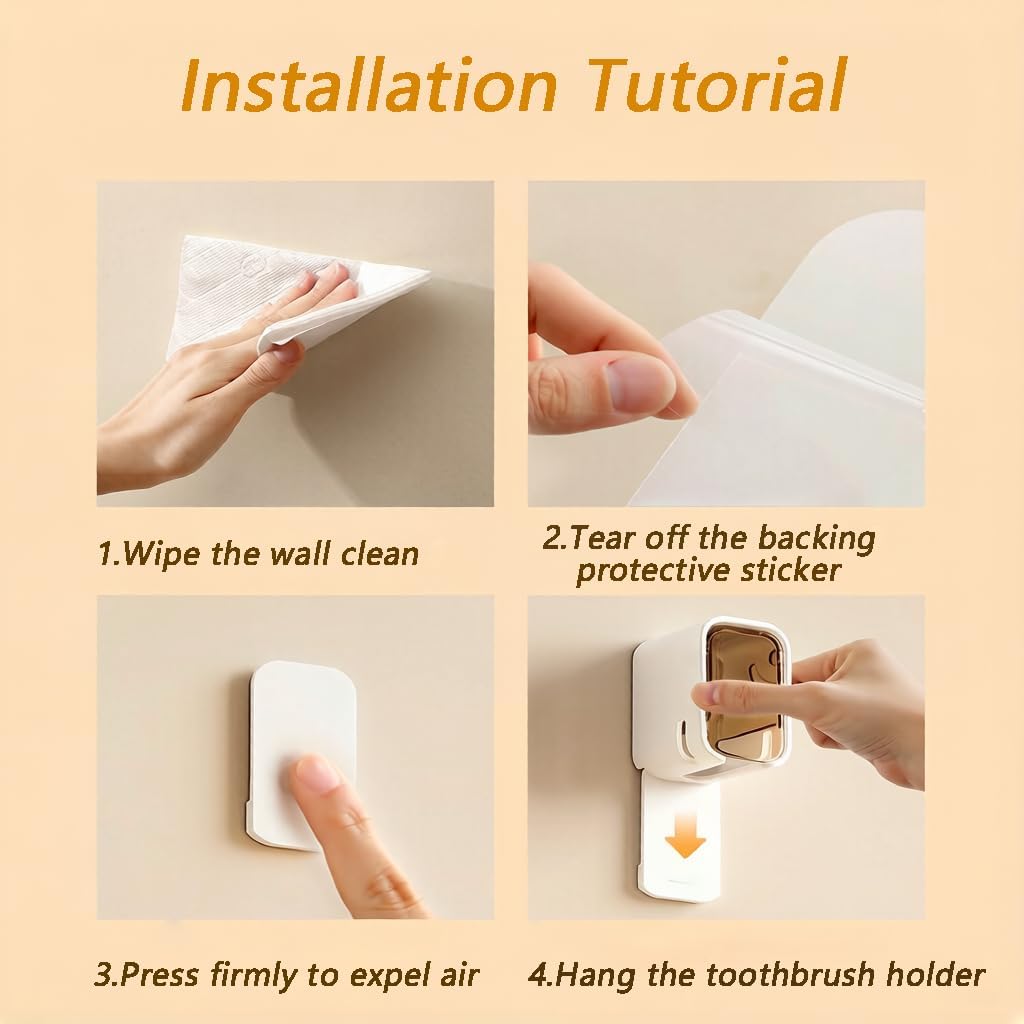 Toothbrush Holder for Bathroom, 4 Pcs Dustproof Tooth Brush Head Cover Wall Mounted with 2 Toothpaste Squeezer, Self Adhesive Toothbrush Dispenser Storage Organizer for Shower Travel Family