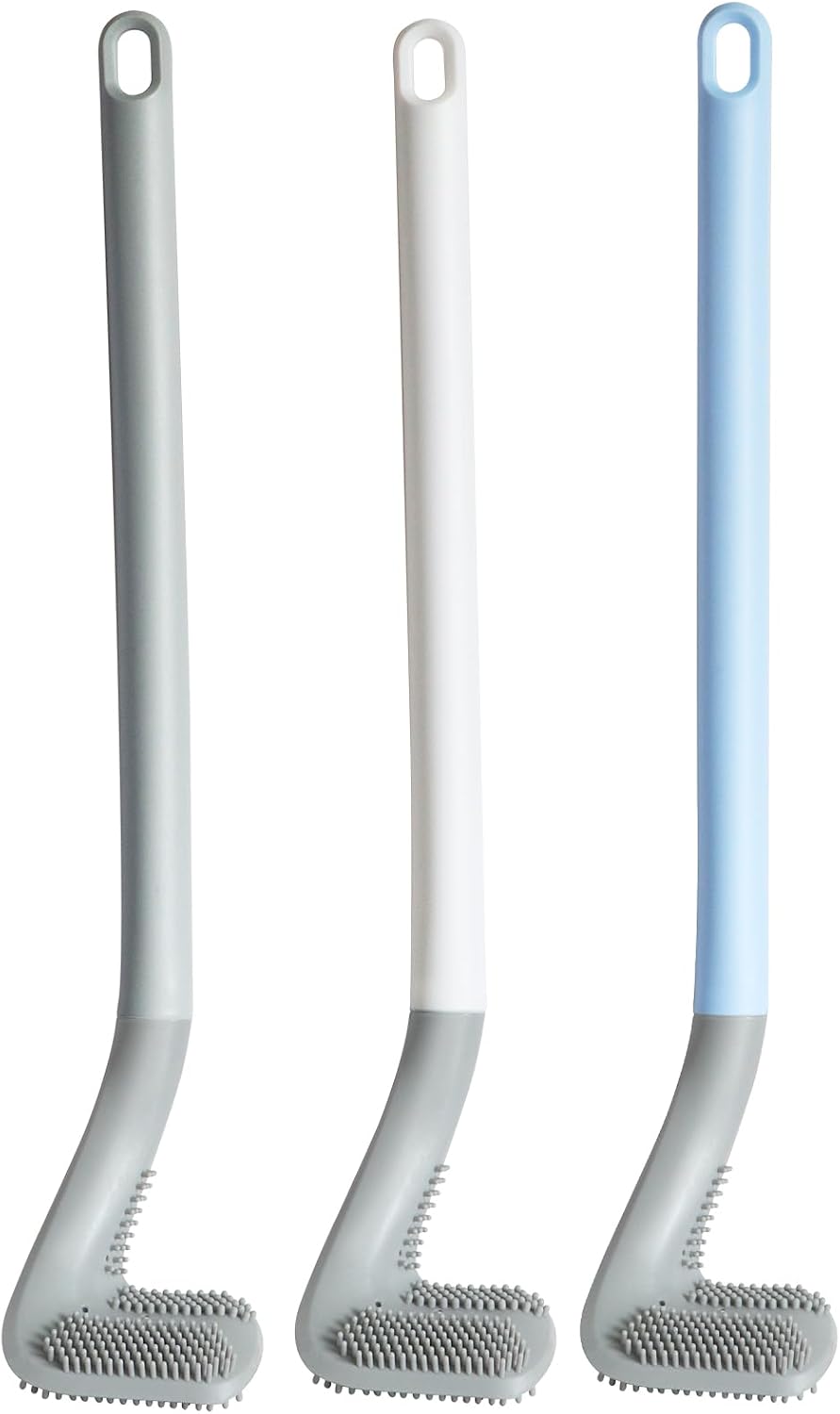 3 Pack Golf Toilet Brush, Flexible Long Handled Toilet Cleaning Brush, 360° No Dead Space Deep Toilet Cleaning Brush, Toilet Brush for Bathroom, with Hook (White + Blue + Grey)