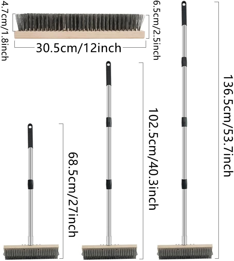 Heavy Duty Floor Scrubber,Deck Brush with Long Handle,56L''×12W Stainless Steel Wire Scrub Brush, Stiff Metal Bristle Scrubber Broom for Deck, Concrete, Patio Floor Cleaning Moss Removal