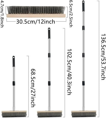 Heavy Duty Floor Scrubber,Deck Brush with Long Handle,56L''×12W Stainless Steel Wire Scrub Brush, Stiff Metal Bristle Scrubber Broom for Deck, Concrete, Patio Floor Cleaning Moss Removal