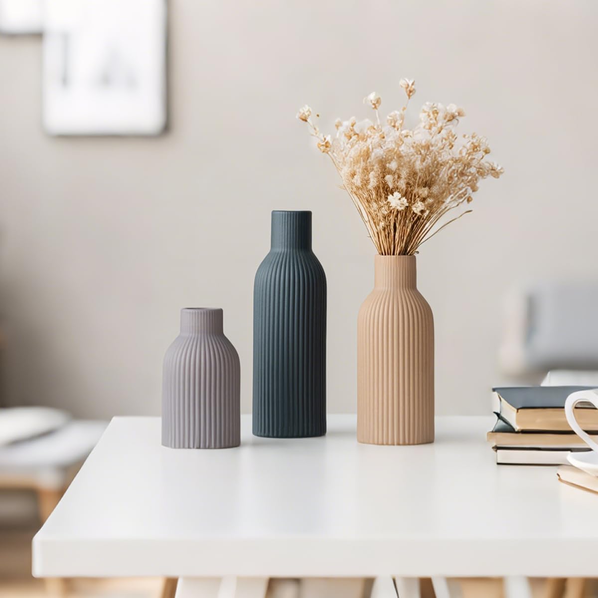 Modern Ceramic Vases Set of 3, Coffee Table Ribbed Decorative Vases, Shelf Table Centerpiece for Home Decor (Coffee Mix)