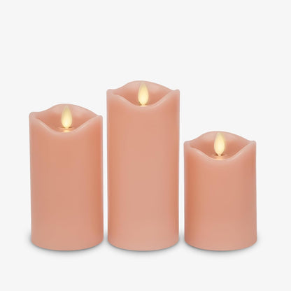 Matchless Candle Co. by Luminara Set of 3 Flameless LED Flickering Moving Flame Pillars (3" x 4.5", 5.5", 6.5"), Melted Unscented Real Wax Edge w/Smooth Finish, AA Battery Operated, Pearl Ivory