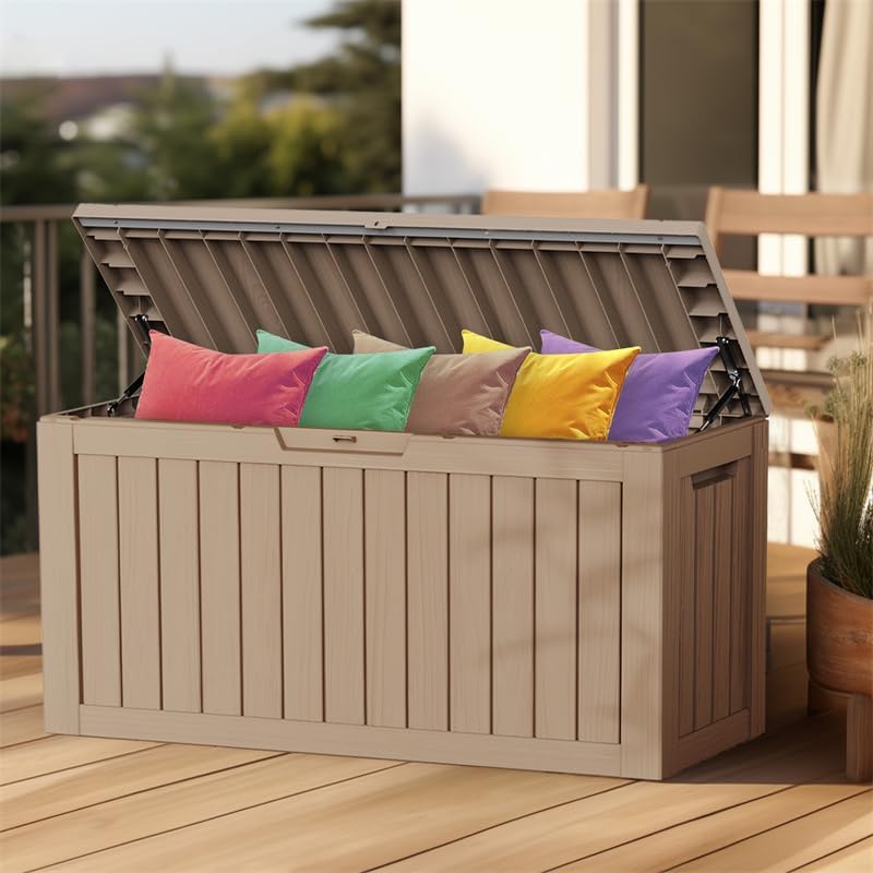 Outdoor Waterproof Resin Storage Deck Box Lockable Outside Bench UV Resistant Bin Patio Porch Furniture Pool Float Garden Tool Cushion (Black, 85 Gallon)