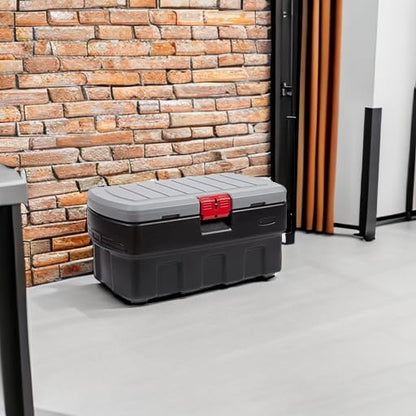 Rubbermaid ActionPacker 35 Gallon, Made in USA, Lockable Plastic Storage Bin with Lid and Wheels- Outdoor, Industrial, Rugged, Camping Gear and Truck Bed Storage - Gray and Black