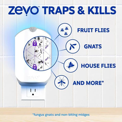 Zevo Flying Insect Traps - Plug-in Indoor Fly Trap and Bug Light Trap Refill with Blue and UV Light - No-Mess Cartridge for House Flies, Fruit Fly Trap and Gnats (2 Plug-in Bases and 2 Cartridges)
