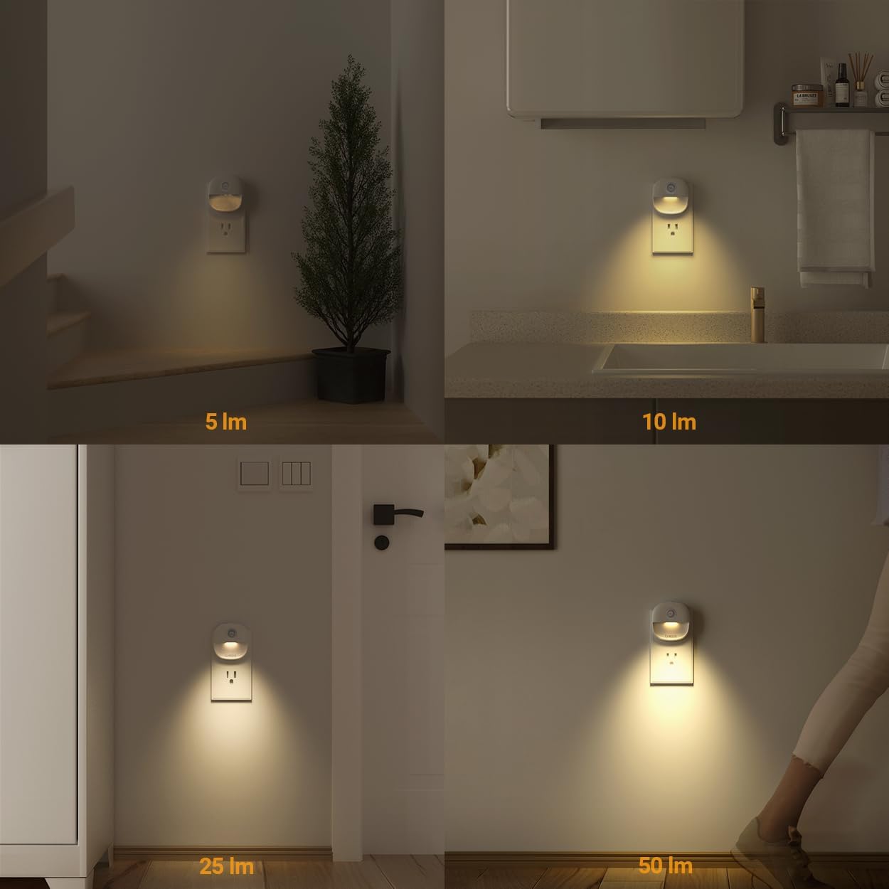Lyridz Plug in Night Light with Motion Sensor and Dusk to Dawn Sensor, Dimmable Warm Nightlight with 1-50lm Adjustable Brightness Indoor for Bedroom, Bathroom, Stairs, Hallway, 2 Pack