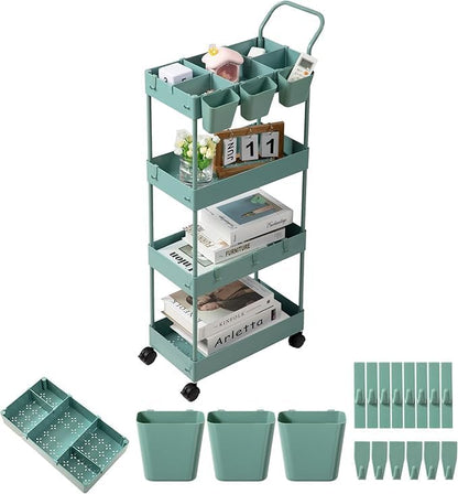 danpinera Storage Cart on Wheels, 3 Tier Slim Laundry with Wheels Bathroom Organizer with Hanging Cups Hooks Dividers Handle Mobile Rolling Art Cart for Bathroom Kitchen Narrow Places, White