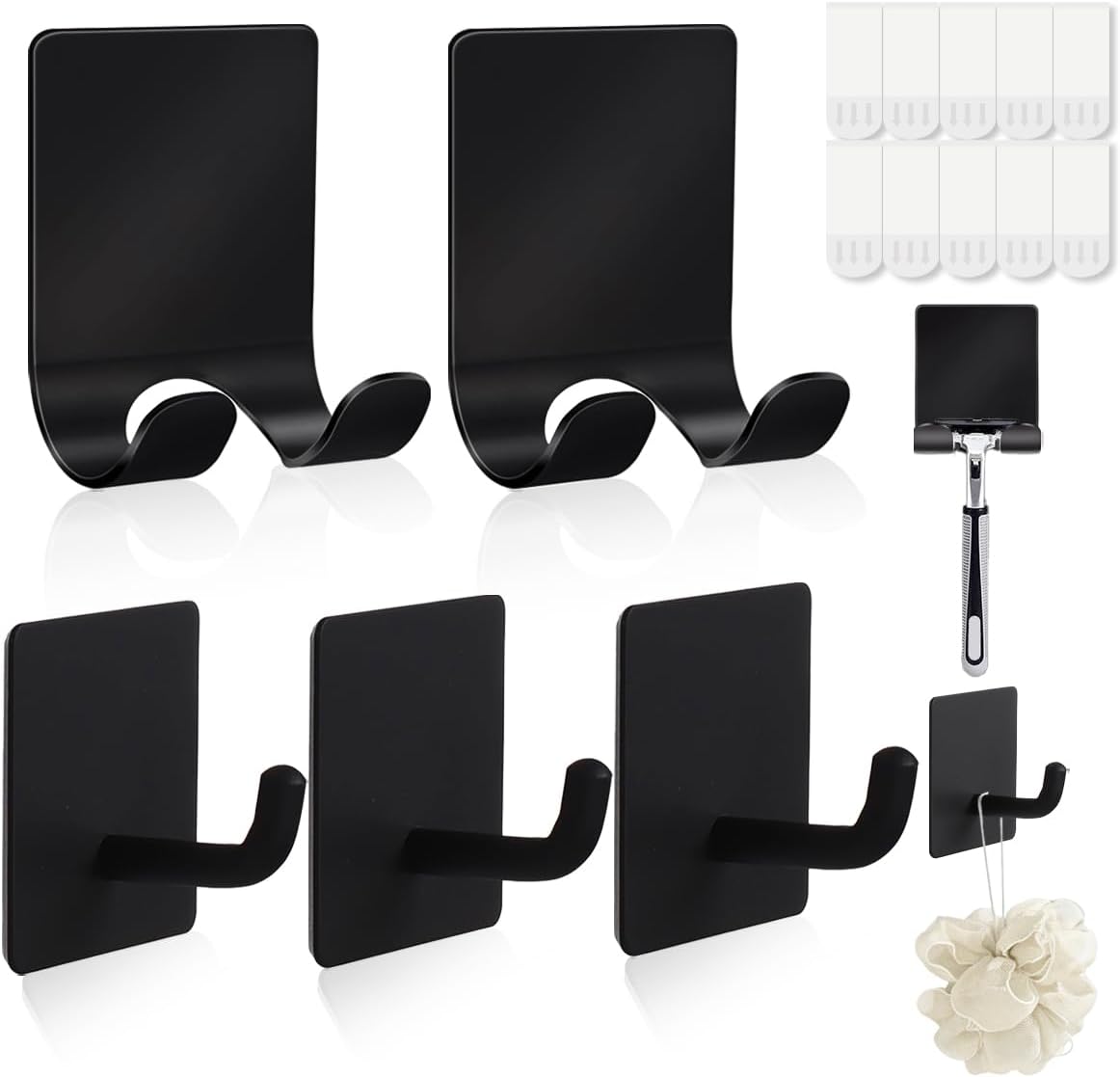 2 Razor Holder for Shower and 3 Adhesive Hooks with Removable Strips，Towel Hooks for Hanging，Wall Hooks for bathrooms，Removable Damage-Free Metal Shaver Holder，for Stockings，Decor，Robe
