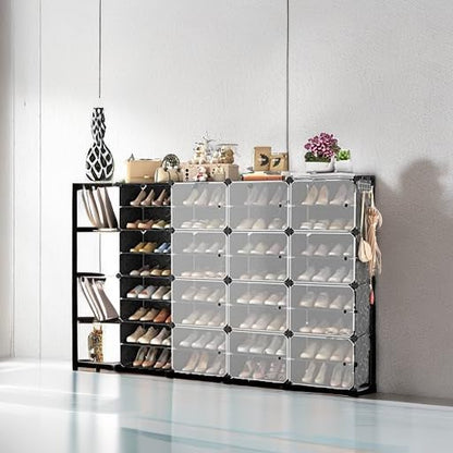 Portable Shoe Rack Organizer with Door, 96 Pairs Shoe Storage Cabinet Easy Assembly, Plastic Adjustable Shoe Storage Organizer Stackable Detachable Free Standing DIY Expandable 12 Tier Black