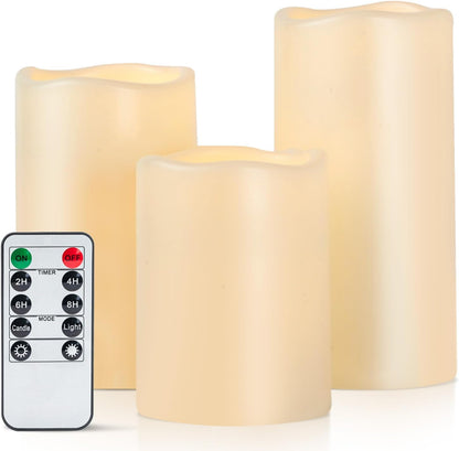 Amagic 3" x 6" Waterproof Outdoor Flameless Candles, Battery Operated Candles with Remote and Timer, Flickering LED Pillar Candle for Outside Patio Garden and Indoor Home Decor, Ivory, Set of 2
