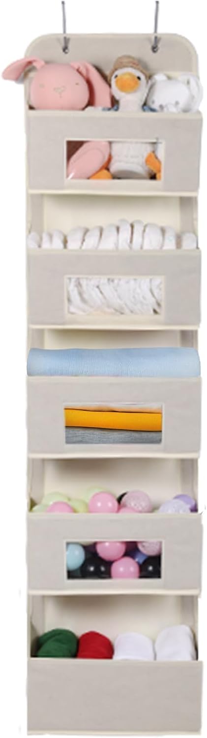 MAX Houser 4-Shelf Over The Door Hanging Organizer with 2 Metal Hooks, Gray | 4 Pocket Swing-proof Behind Door Organizers with Clear Windows for Bathroom Closet, Dorm