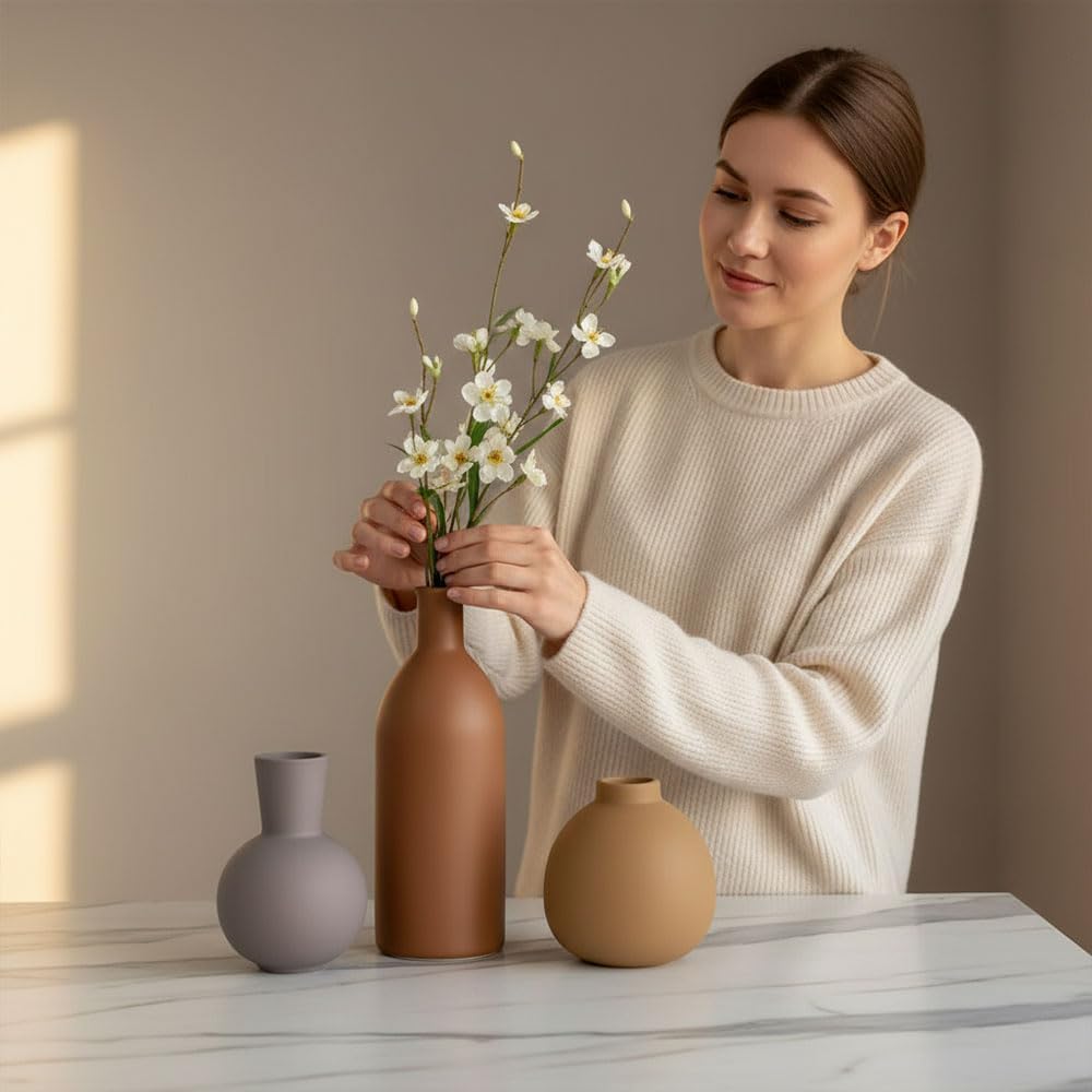 Ceramic Vase Set of 3 - Small Modern Minimalist Ceramic Bud Vases for Home Decor - Boho Aesthetic Flower Vases for Desk, Shelf & Table, Mantle, Bookshelf (Cute & Versatile) (Neutral Mix)
