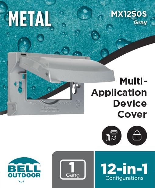 BELL MX1250S 1-Gang Flip Weatherproof Cover, Universal Metal 12-in-1 Outlet Outdoor Receptacle Protector, Vertical/Horizontal, Gray