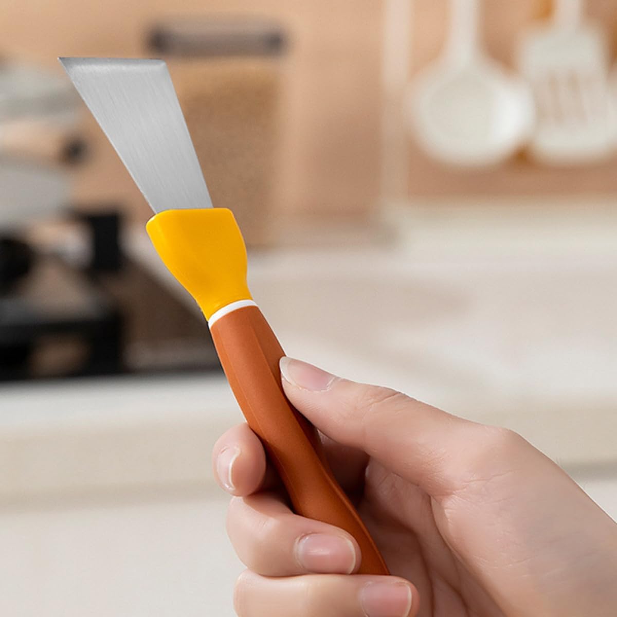 Multipurpose Kitchen Cleaning Brush with Stiff Bristles and Double-Ended Stainless Steel Scraper, Heavy-Duty Stove Cleaner for Gas Burners and Refrigerator Defrosting, Yellow