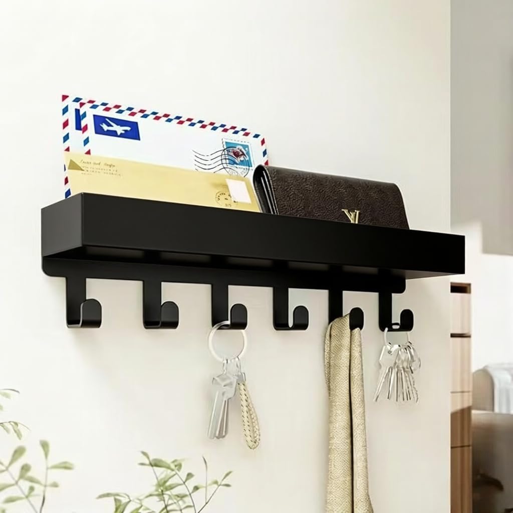 Wall Mount Key Holder with Shelf - Decorative Mail Organizer and Key Hooks for Entryway, Paulownia Wood with Mounting Hardware (9.64”W x 2.36”H x 2.75”L)